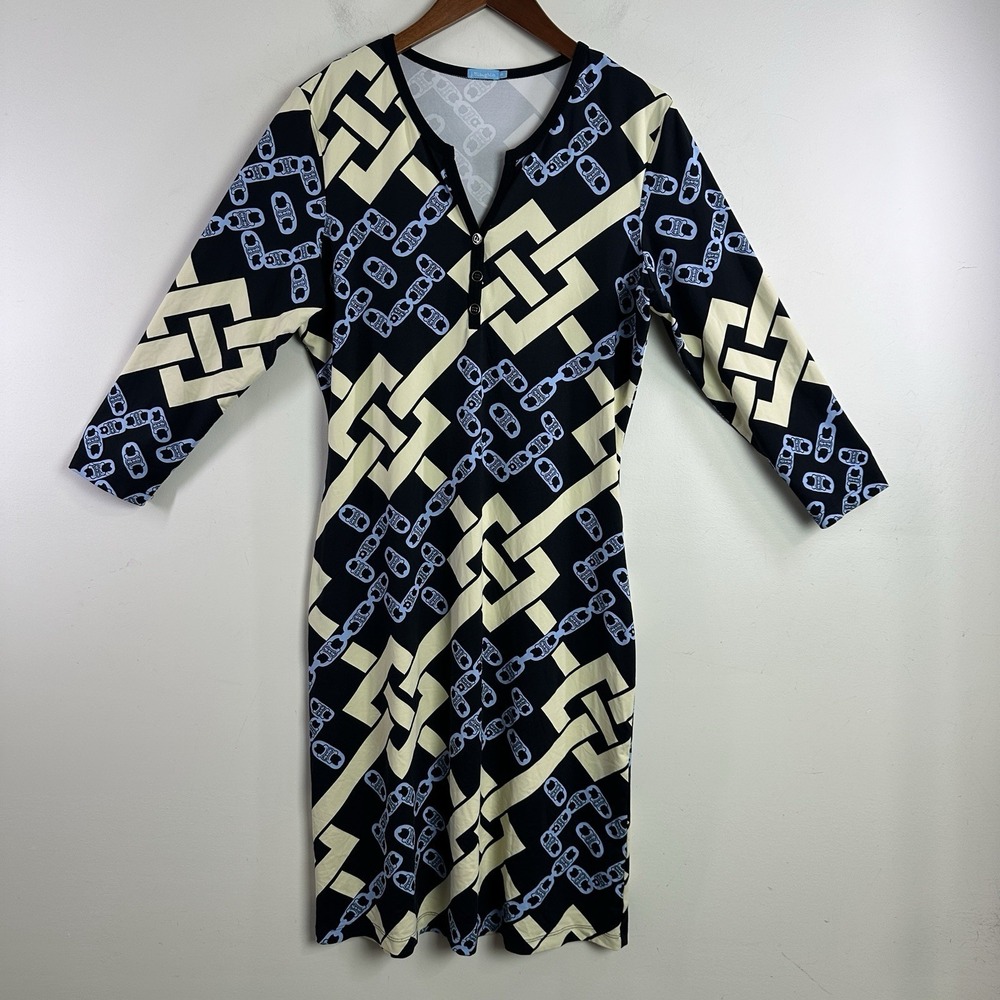 J MCLAUGHLIN Henley Catalina Cloth Dress Blue Chain Print Resort Travel Size M
